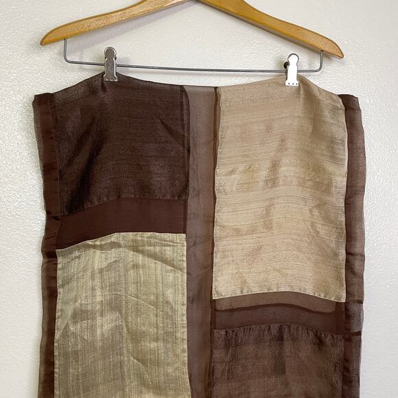 Anichini by Diviya Silk Scarf Brown Cream Sheen Rectangle Sheer Panels 19x77in - Picture 3 of 10